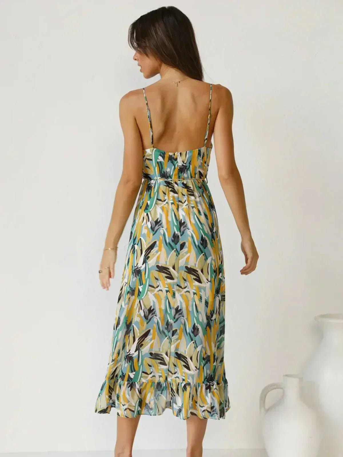 Abstract Print Spaghetti Strap V-Neck Tiered Midi Dress 8