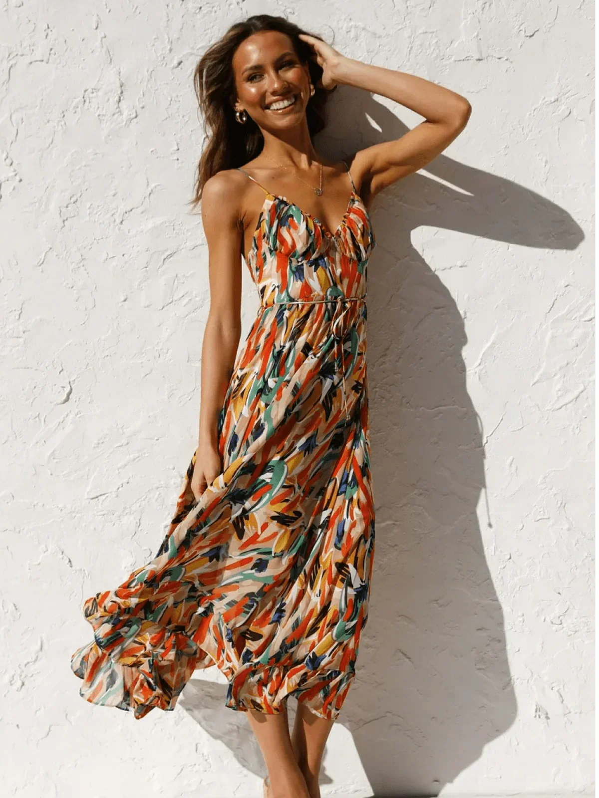 Abstract Print Spaghetti Strap V-Neck Tiered Midi Dress 4
