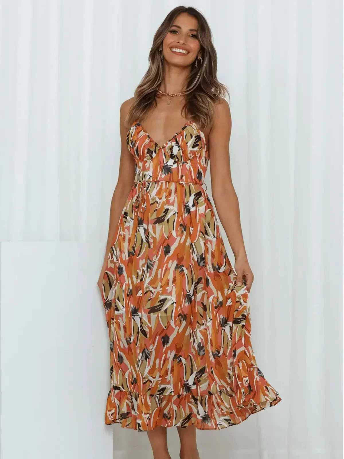 Abstract Print Spaghetti Strap V-Neck Tiered Midi Dress 12