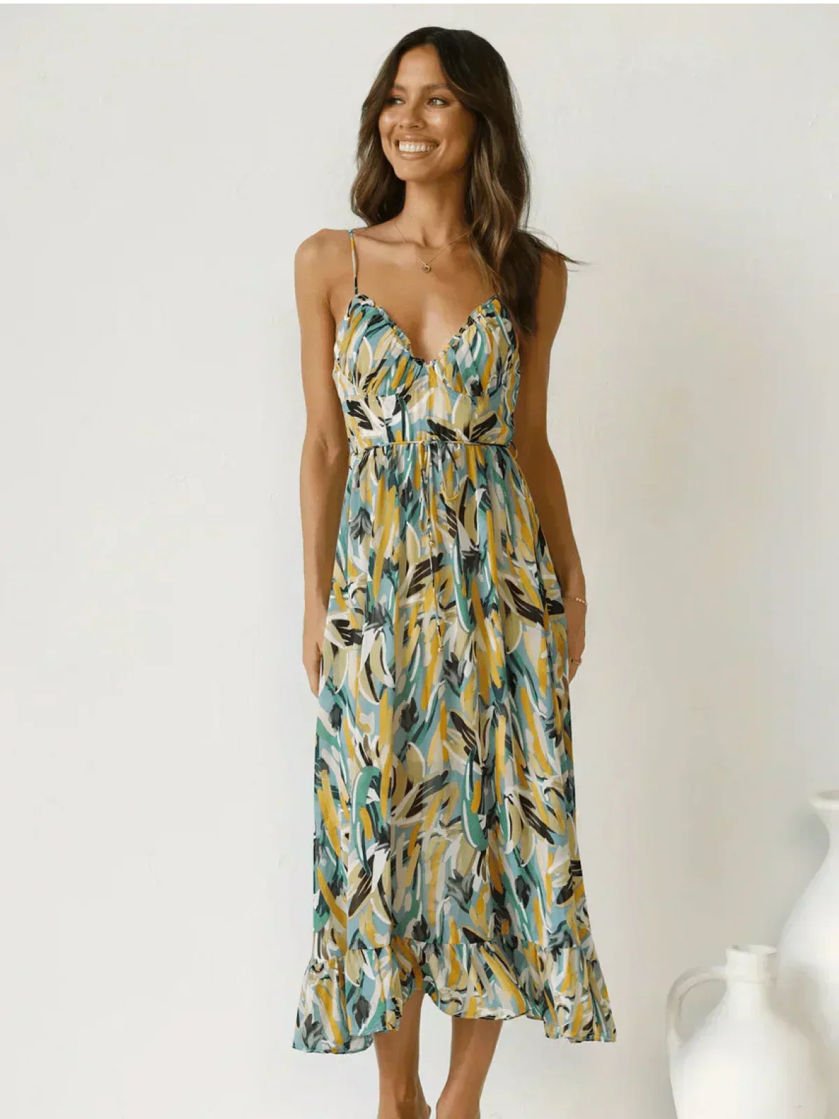 Abstract Print Spaghetti Strap V-Neck Tiered Midi Dress 11