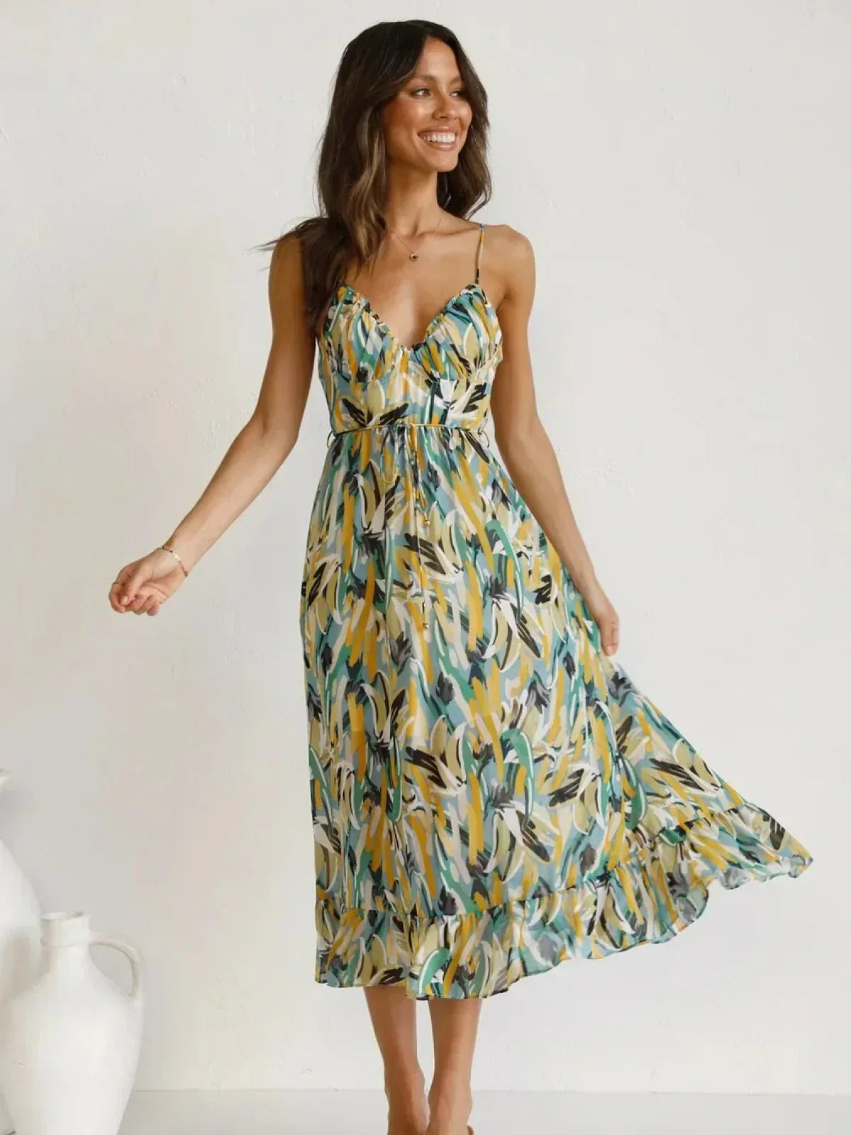 Abstract Print Spaghetti Strap V-Neck Tiered Midi Dress 7