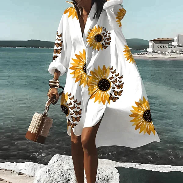 Collared Button Front Roll Up Sleeve High Low Shirt Dress