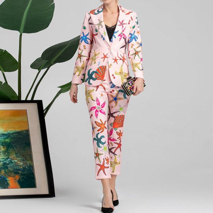 KittenAlarm - Ellen Allover Print Blazer Top & Pants Set