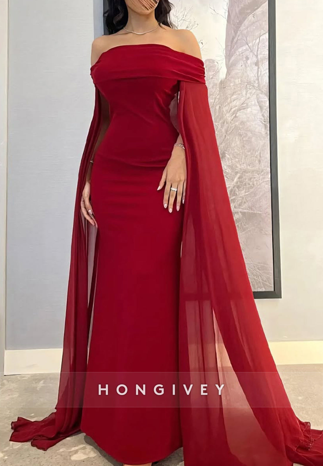 Red Column Off the Shoulder Floor-Length Evening Formal Dresses
