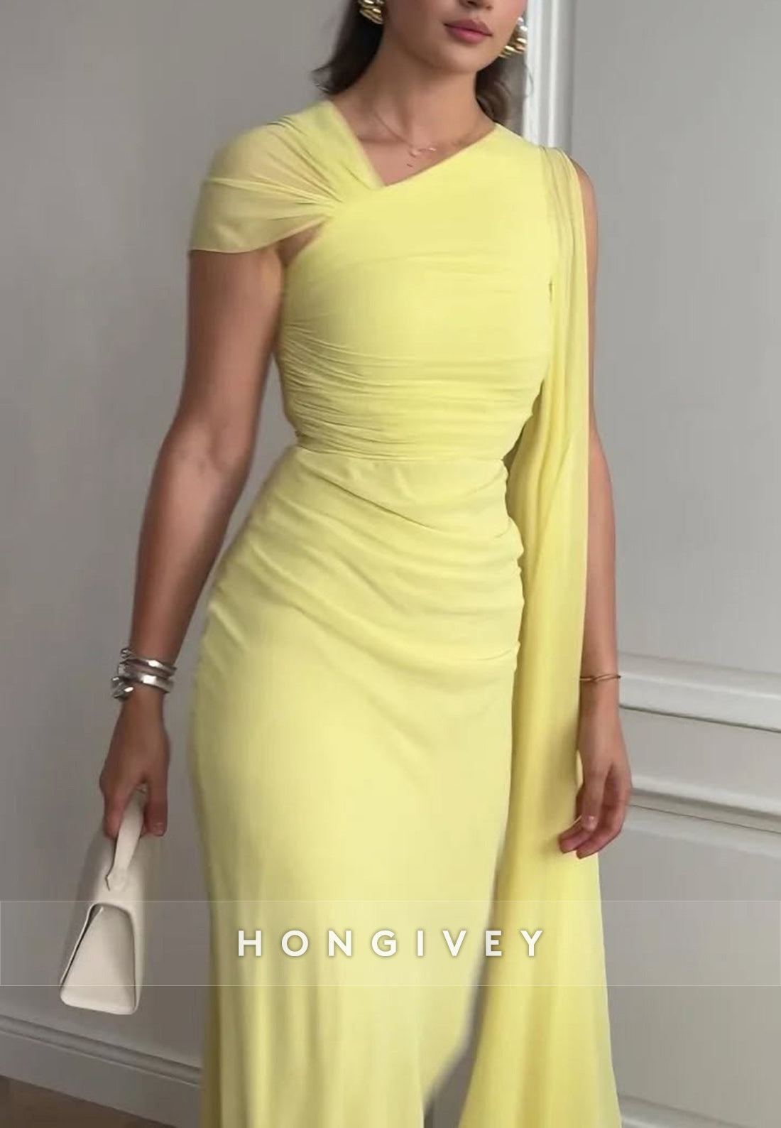 Yellow Asymmetrical Neck Column Pleated Evening Formal Dresses - Fashionpara