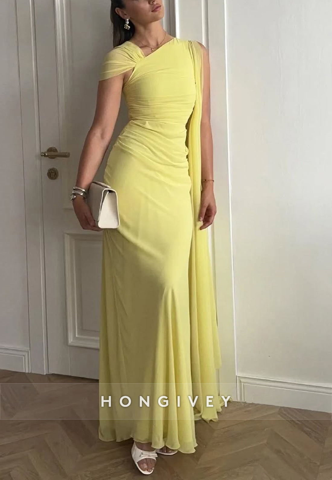 Yellow Asymmetrical Neck Column Pleated Evening Formal Dresses - Fashionpara