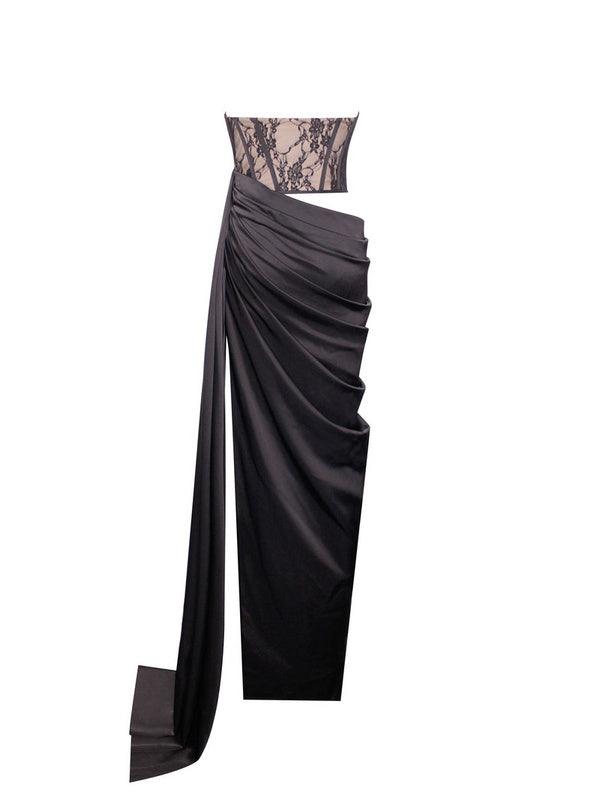Ember Black Lace Satin Corset High Slit Gown - Fashionpara
