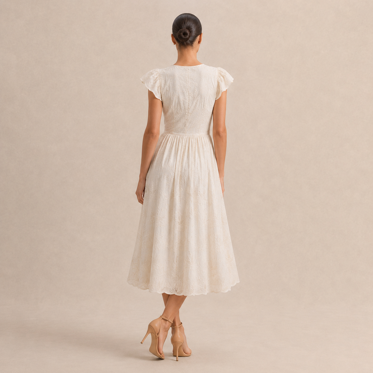 V-Neck Flutter Sleeve Button Front Eyelet Lace Midi Dress 3