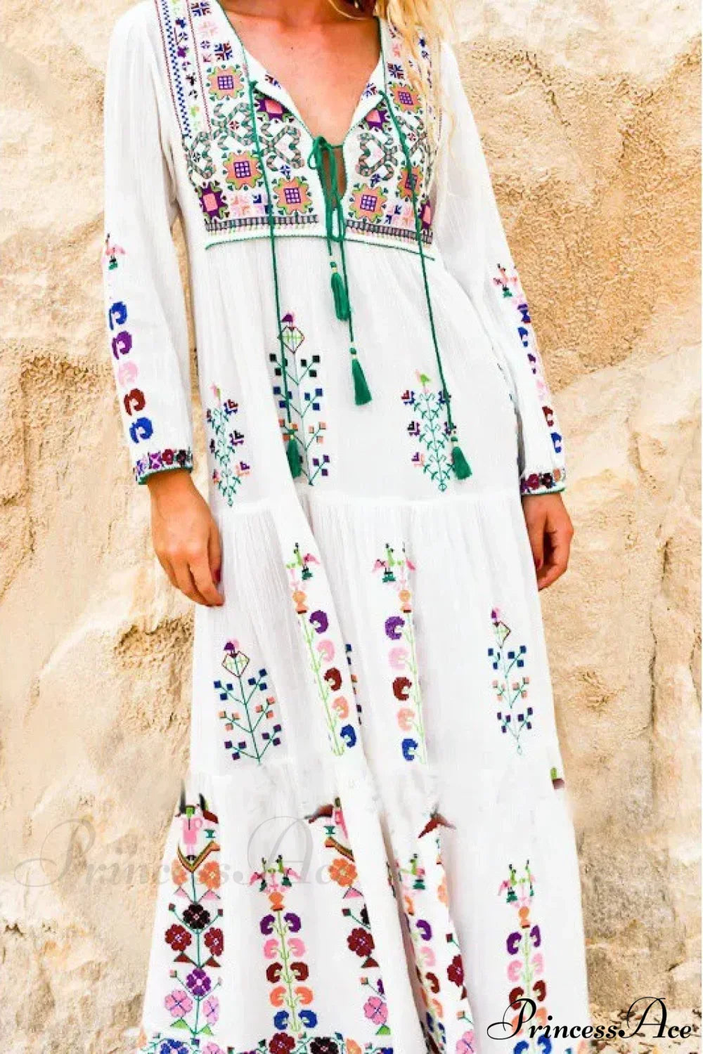 Embroidery Floral Long-sleeved Gypsy Maxi Boho Dress White / One Size bohodress-250126