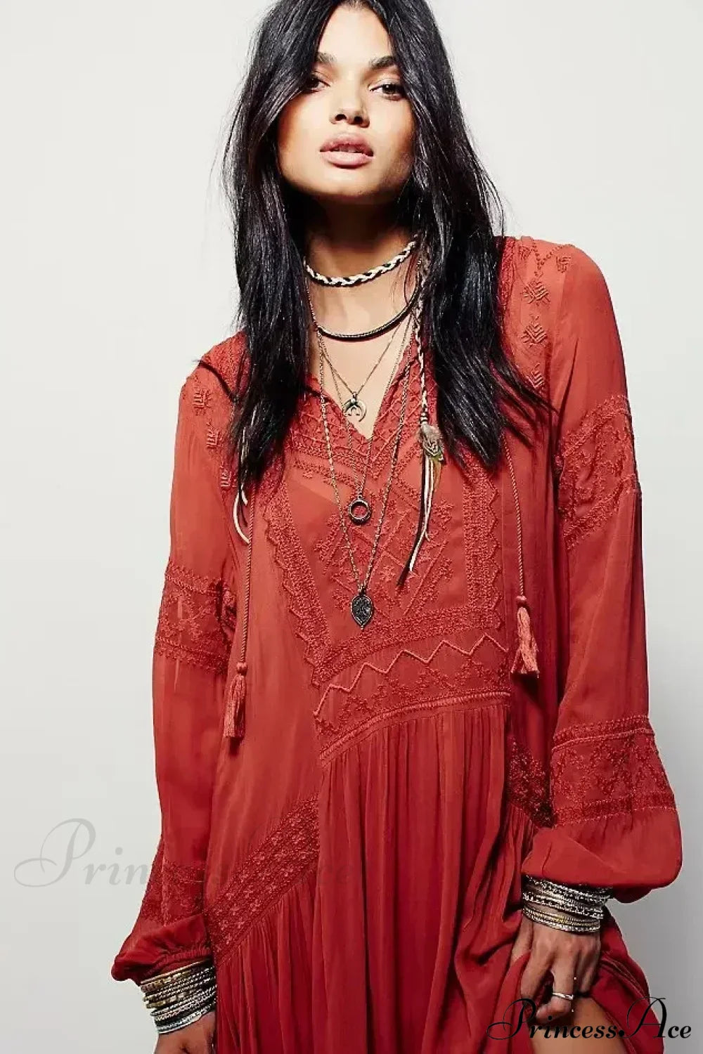 Embroidery Flower V-neck Split Mini Boho Dress