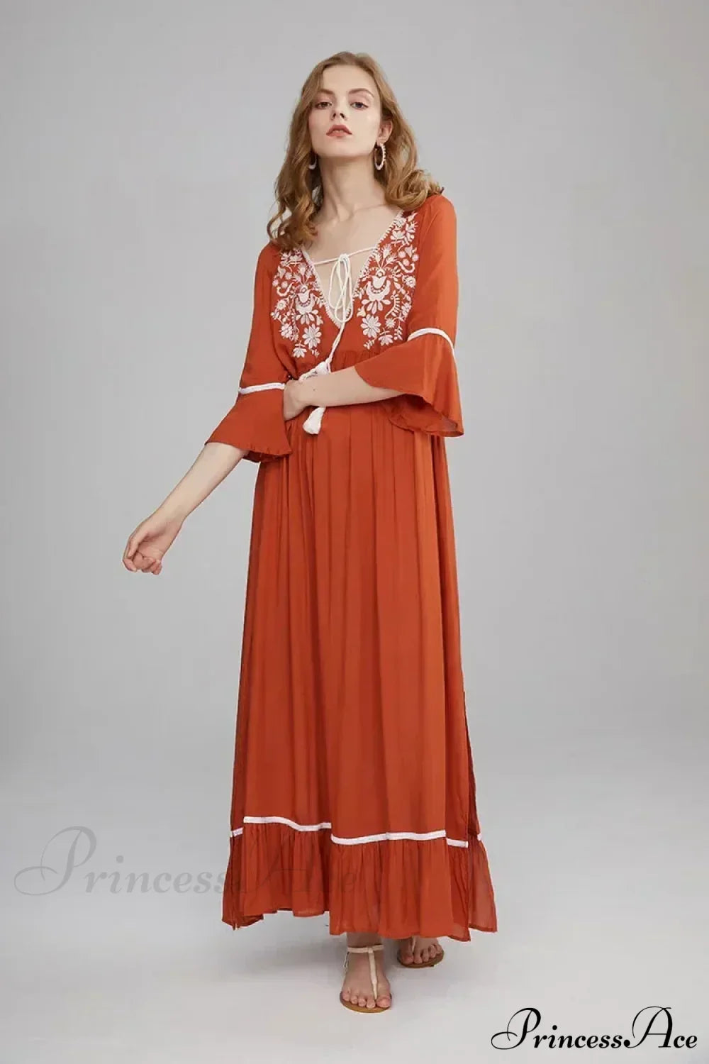 Embroidery Hollow Out Lace Retro White Boho Dress Brown / S bohodress-250126