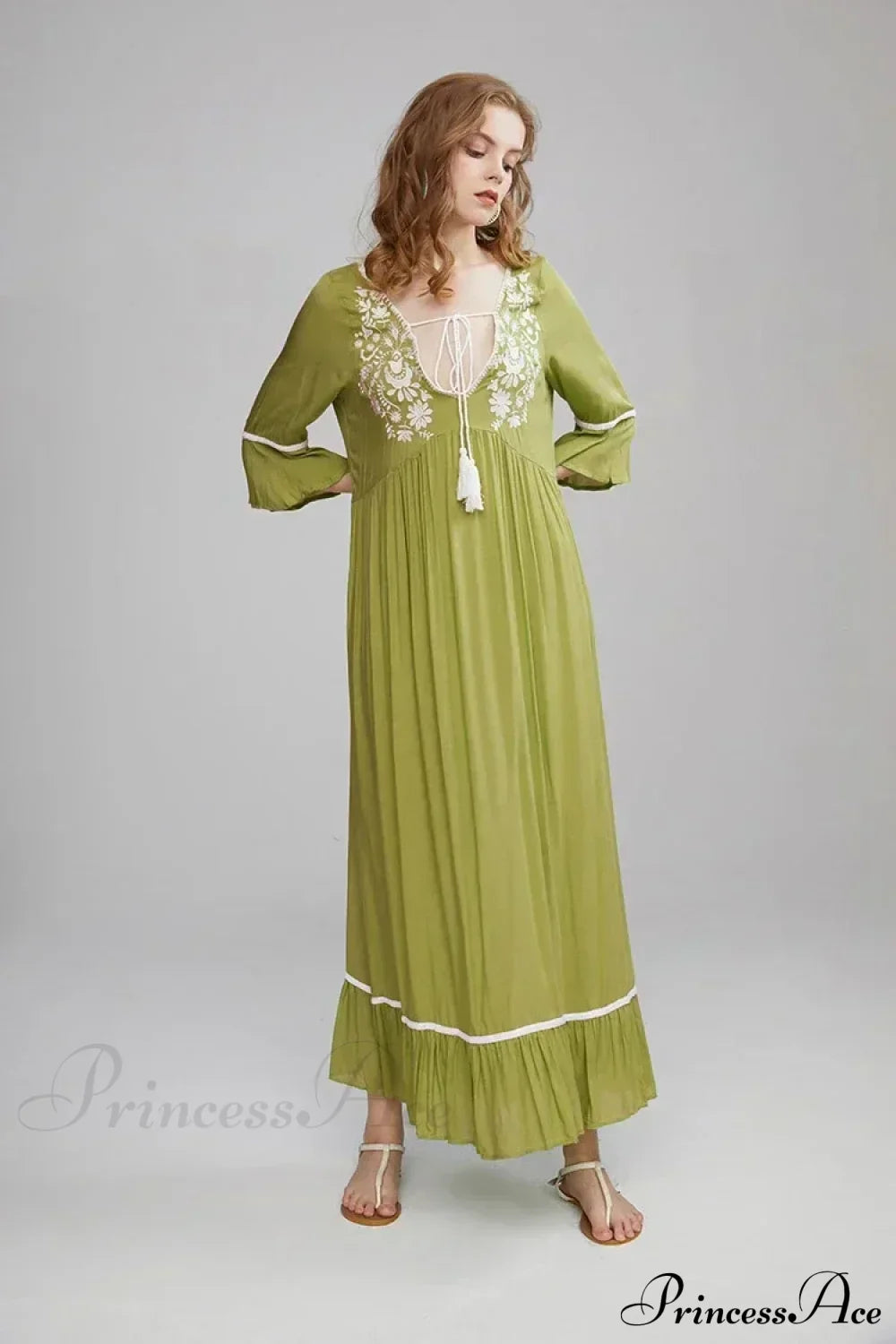Embroidery Hollow Out Lace Retro White Boho Dress Green / S bohodress-250126