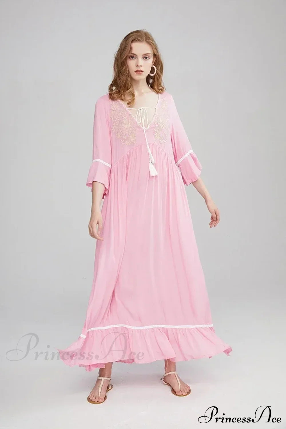 Embroidery Hollow Out Lace Retro White Boho Dress Pink / S bohodress-250126