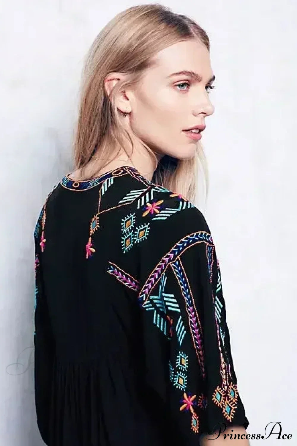 Embroidery Loose V-neck Black Elegant Boho Dress Black / S bohodress-250126