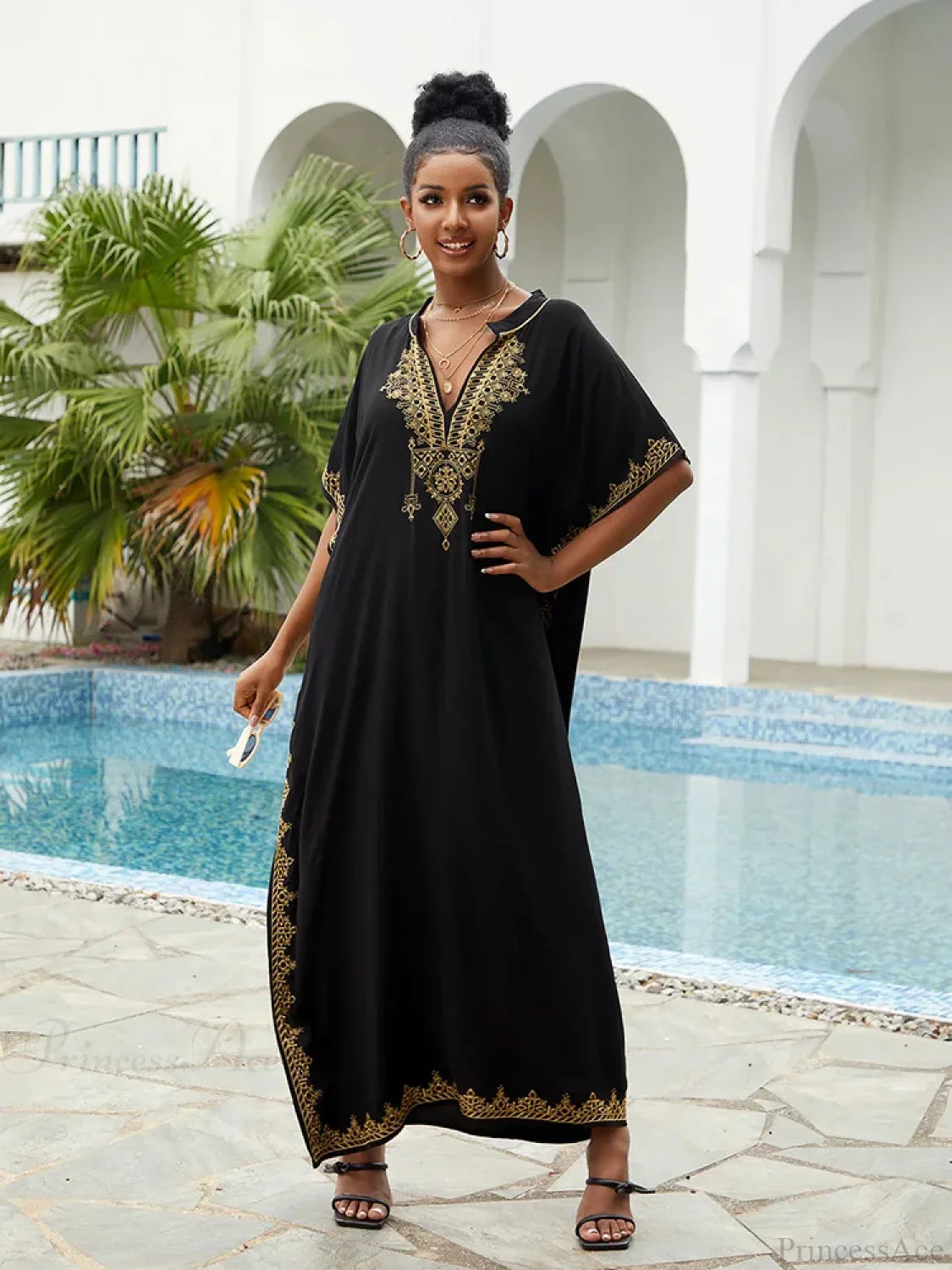 Embroidery Printed Long Dress Cover Up Black / One Size