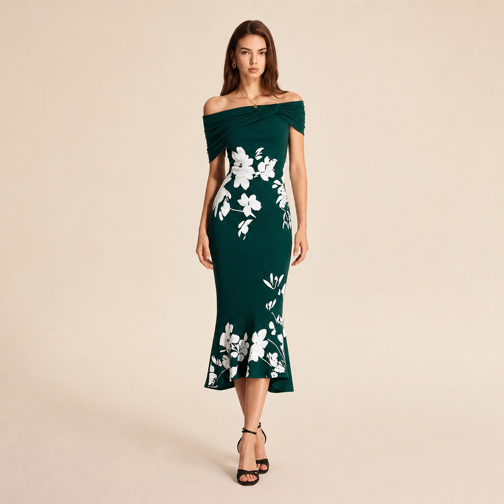 Off Shoulder Twist Front Floral High Low Fishtail Midi Dress 7
