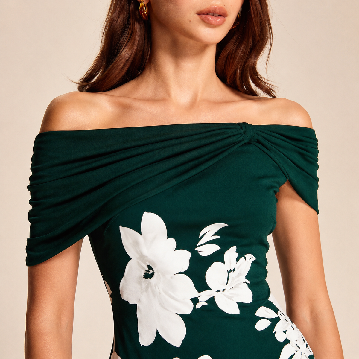 Off Shoulder Twist Front Floral High Low Fishtail Midi Dress 8