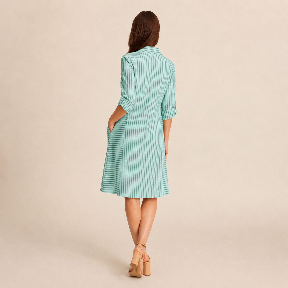 Striped Collared Roll Sleeve Button Front Shirt Dress 6