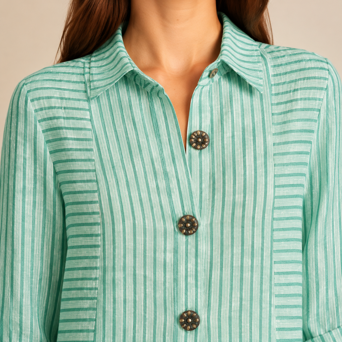 Striped Collared Roll Sleeve Button Front Shirt Dress 5