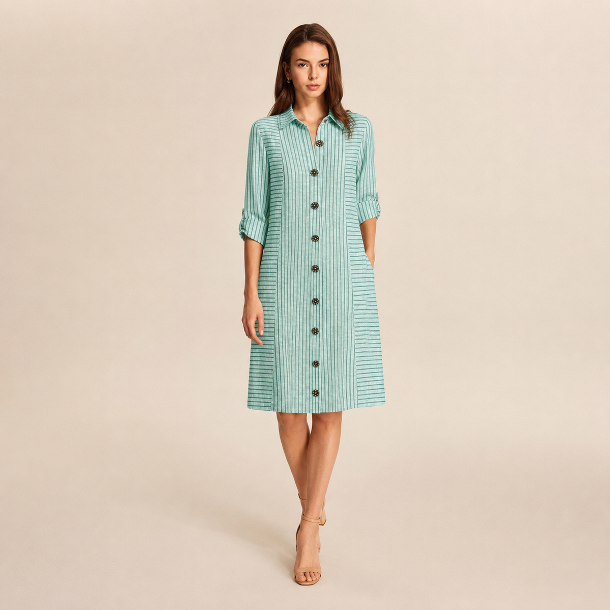 Striped Collared Roll Sleeve Button Front Shirt Dress 4