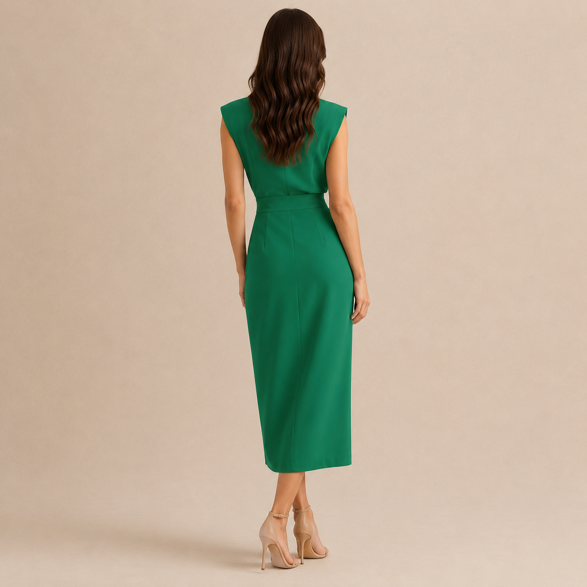 Round Neck Shoulder Pad Button Front Split Midi Dress 18