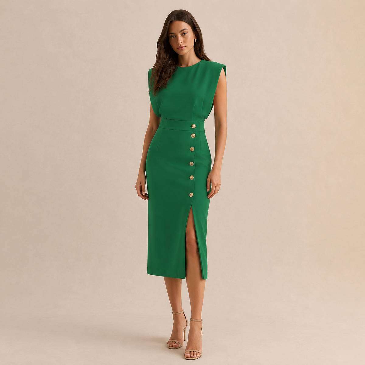 Round Neck Shoulder Pad Button Front Split Midi Dress 16