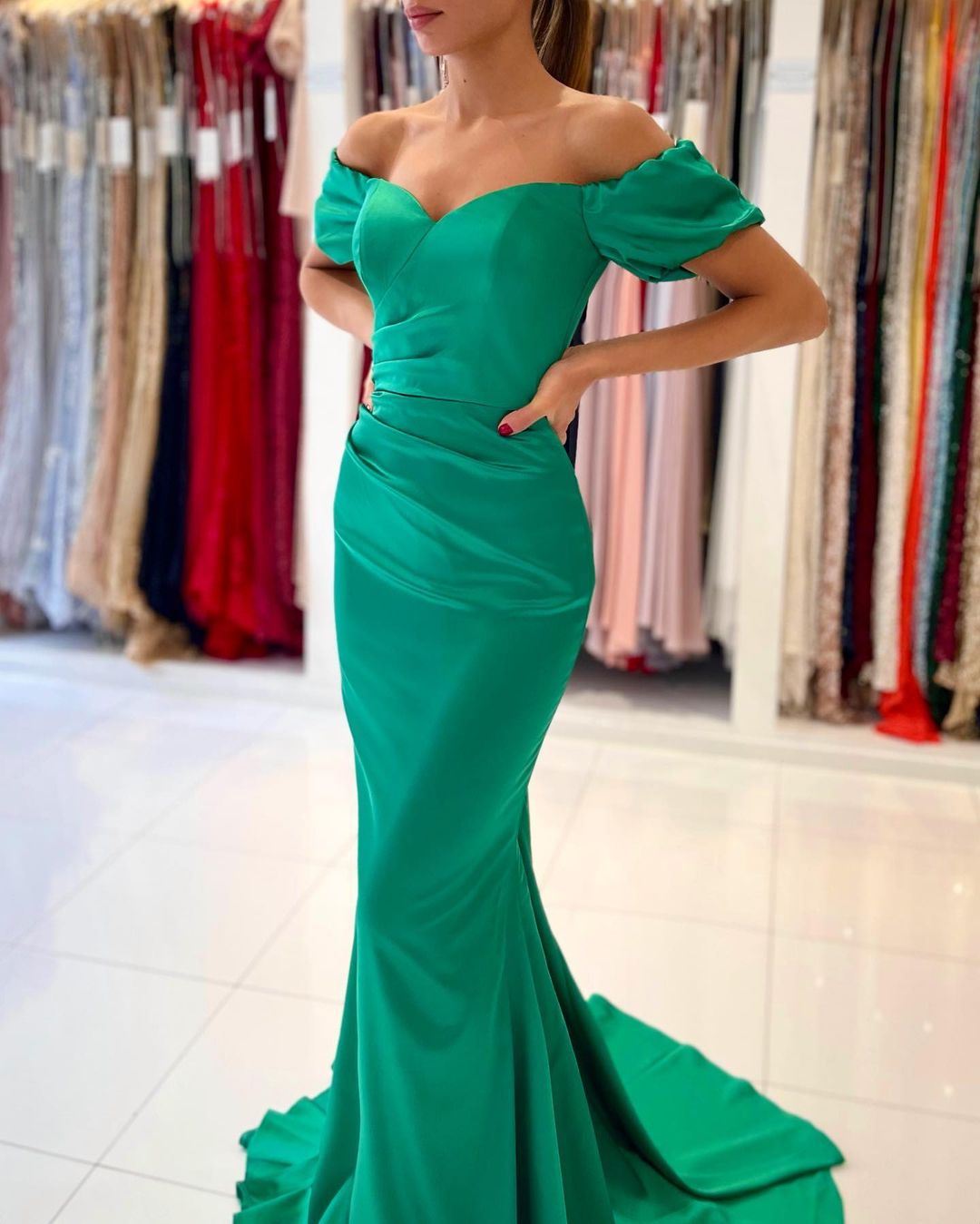 Emerald Green Mermaid Prom Dress Off-the-Shoulder - Fashionpara