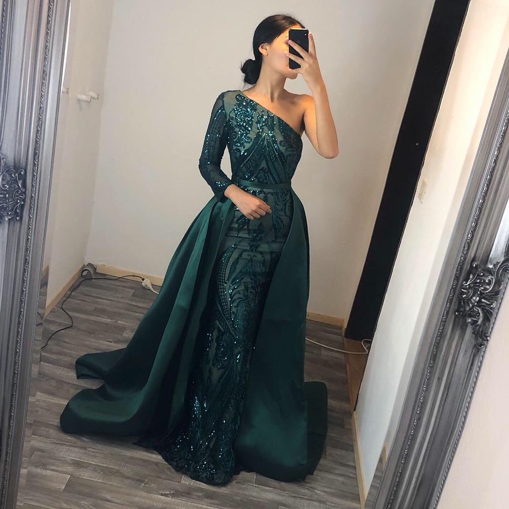 Emerald Green Prom Dress Sequins Mermaid Overskirt - Fashionpara