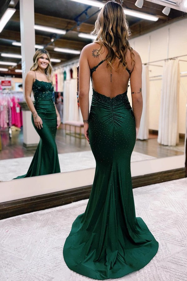 Emerald Green Prom Dress Spaghetti-Straps Mermaid Sleeveless - Fashionpara