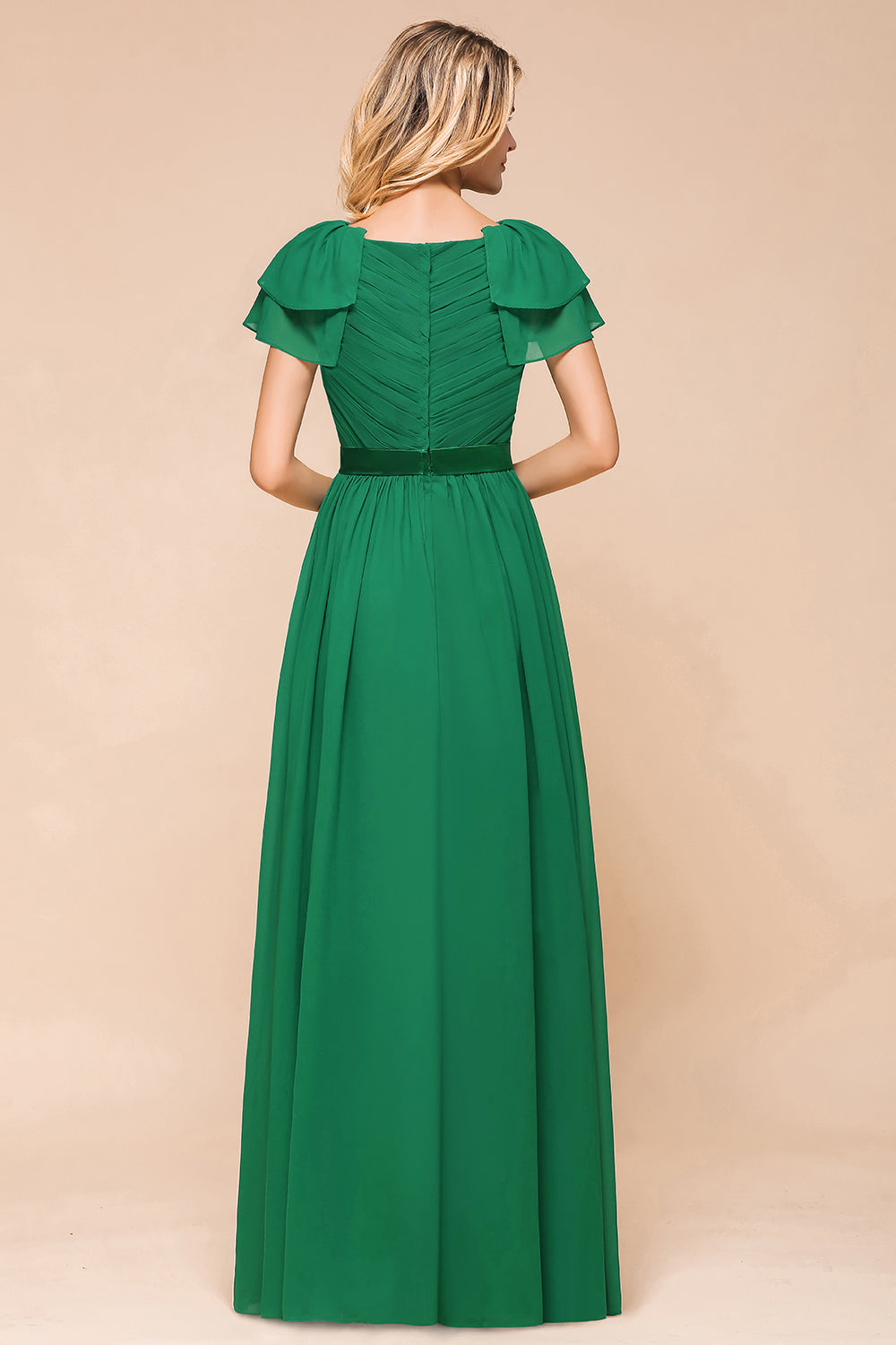 Emerald Short Sleeves Chiffon Ruffles Long Bridesmaid dresses - Fashionpara