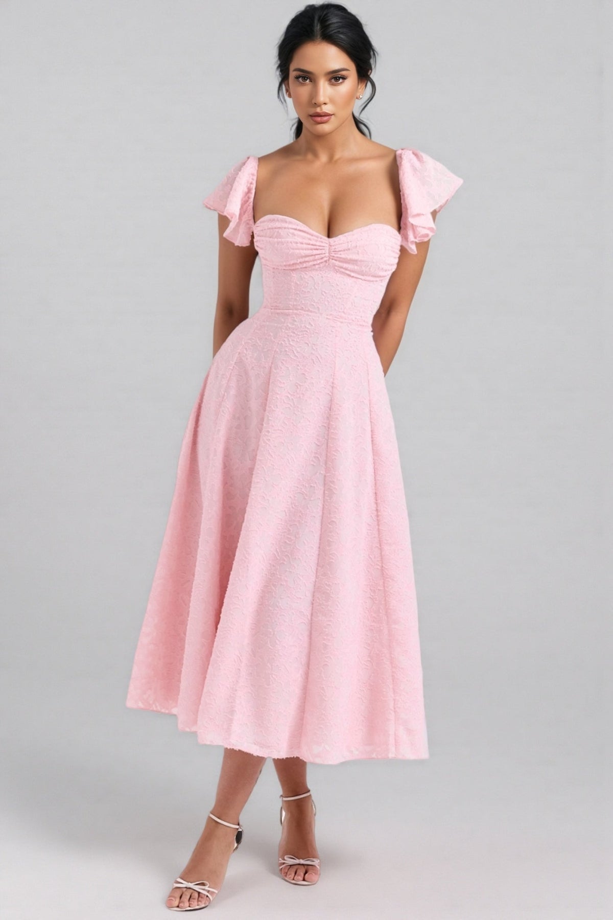 Floral Jacquard Sweetheart Neck Flutter Sleeve Midi Dress