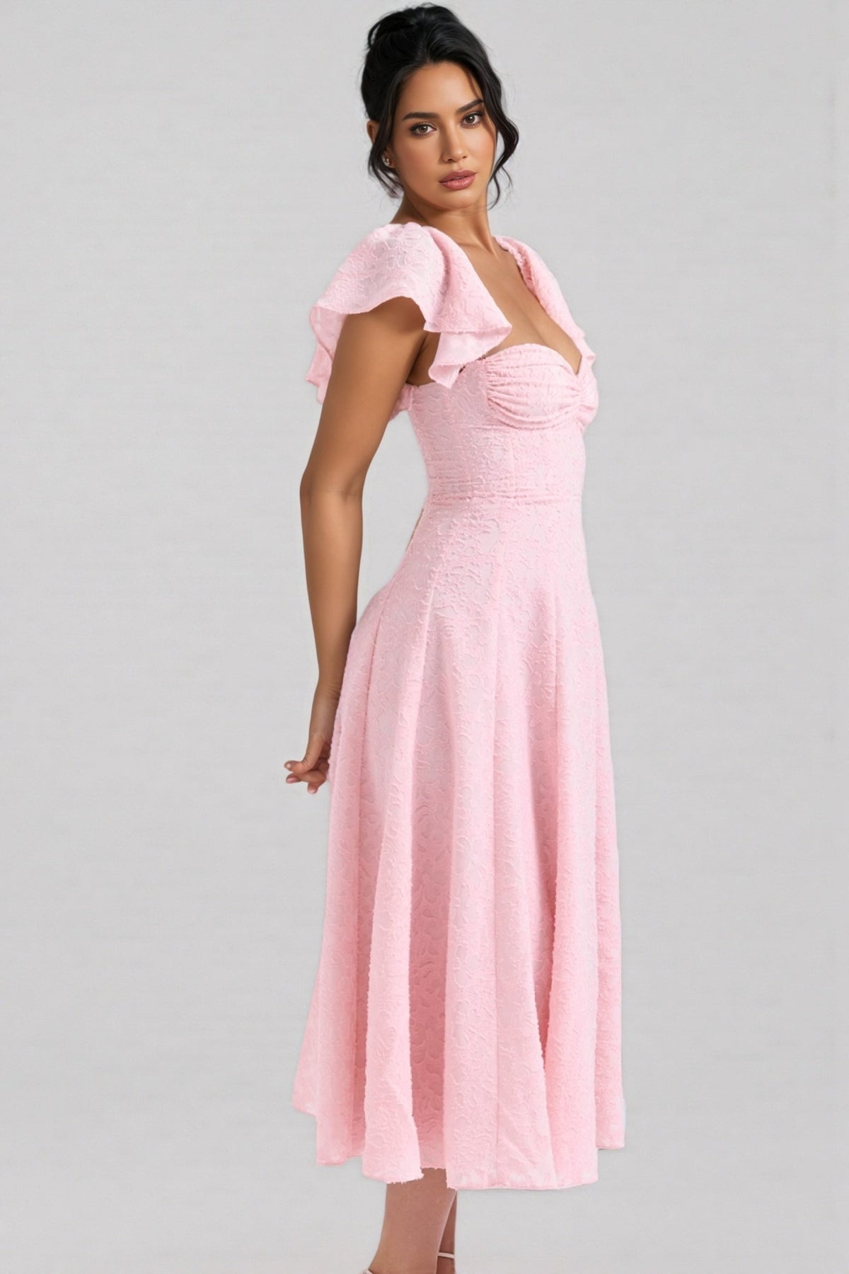 Floral Jacquard Sweetheart Neck Flutter Sleeve Midi Dress - View 3