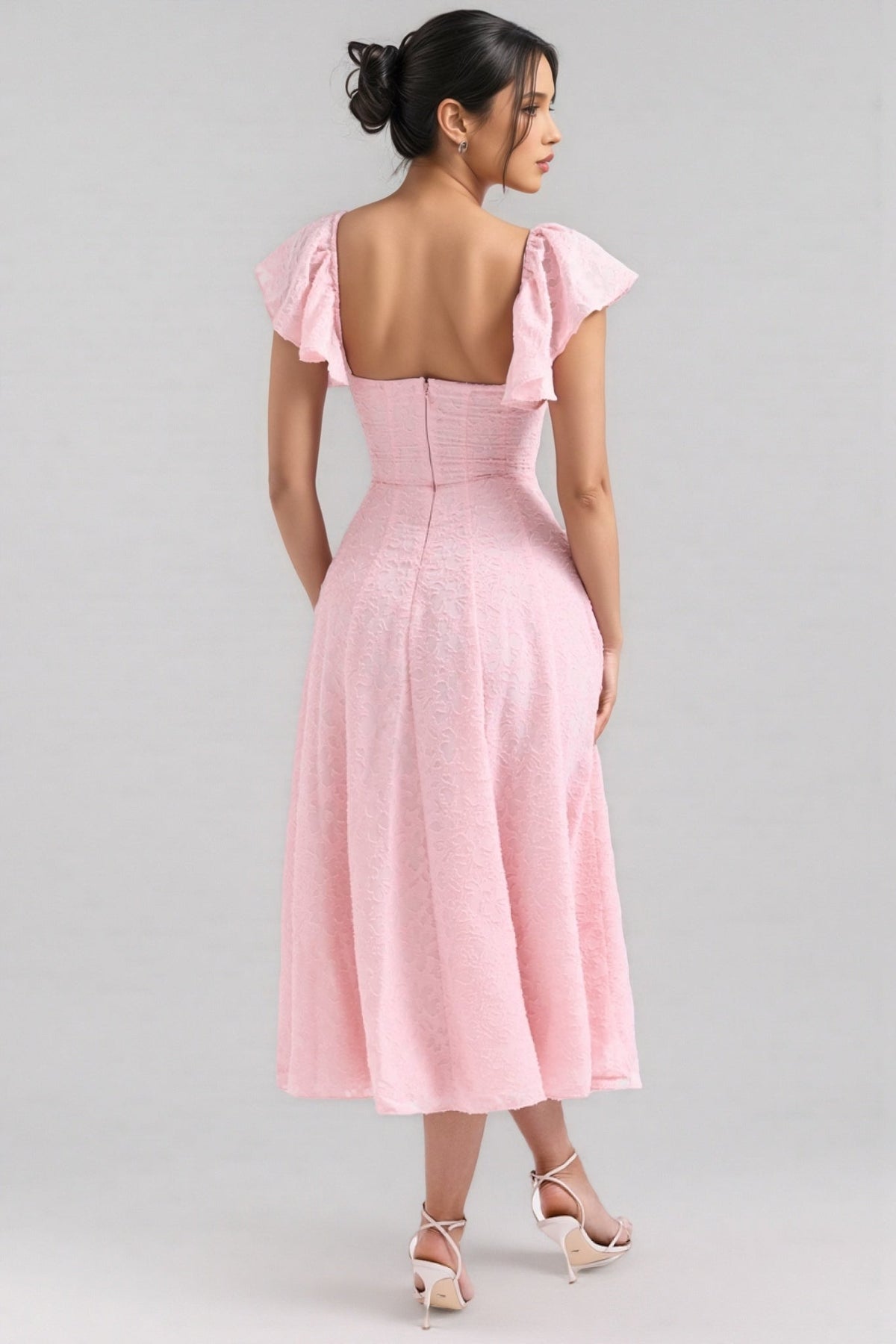 Floral Jacquard Sweetheart Neck Flutter Sleeve Midi Dress - View 5