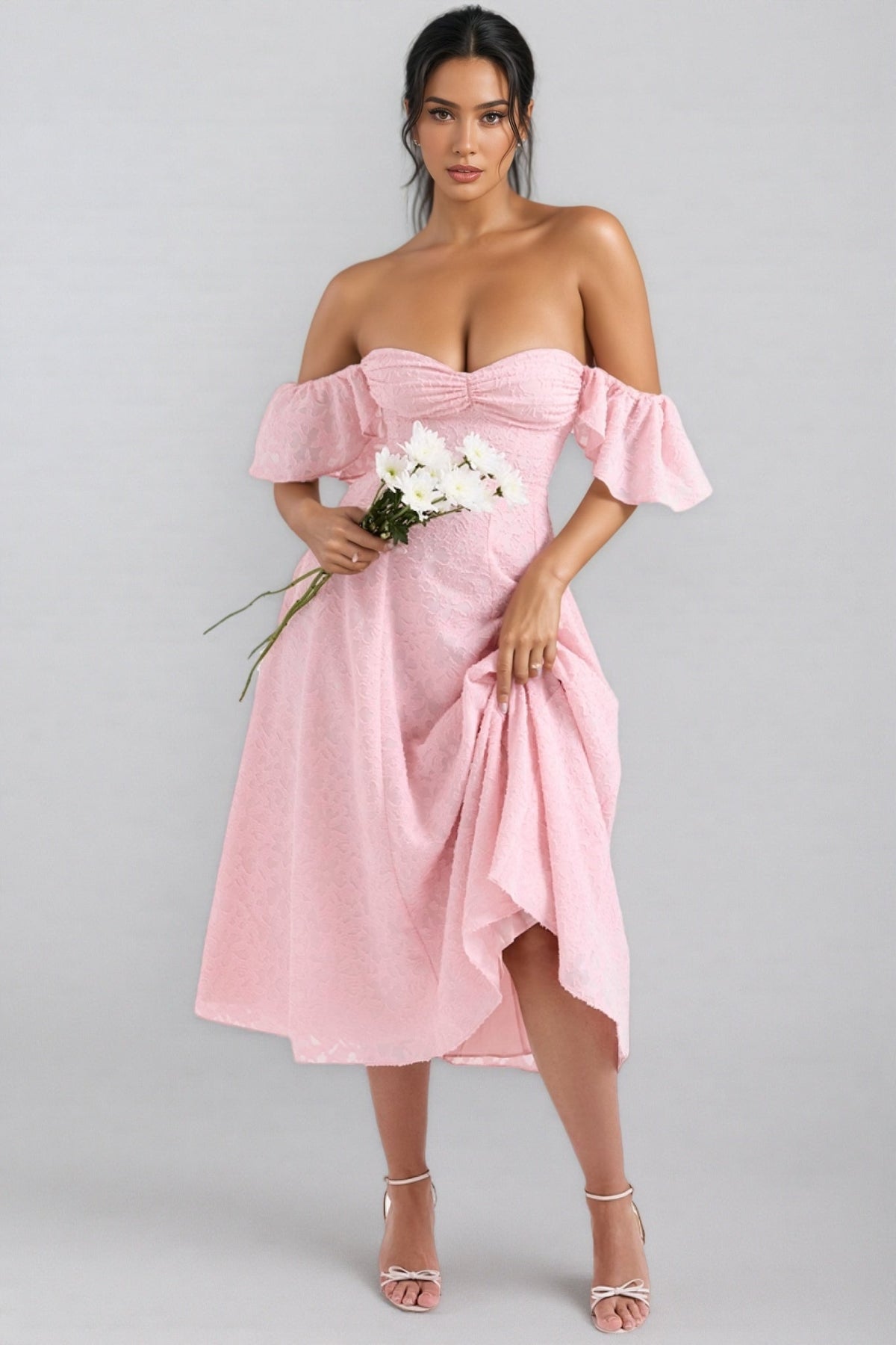 Floral Jacquard Sweetheart Neck Flutter Sleeve Midi Dress - View 2