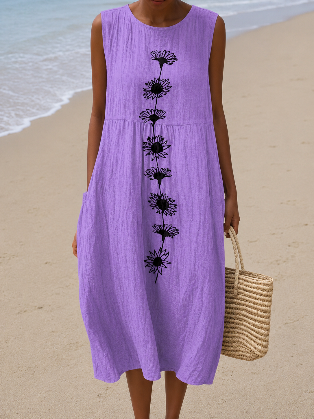 Sunflower Print Round Neck Sleeveless Midi Dress