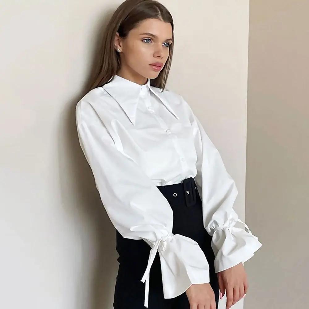 Enchanting Pointed Collar Button Down Drop Shoulder Bishop Sleeve Blouse - White  Fashionpara