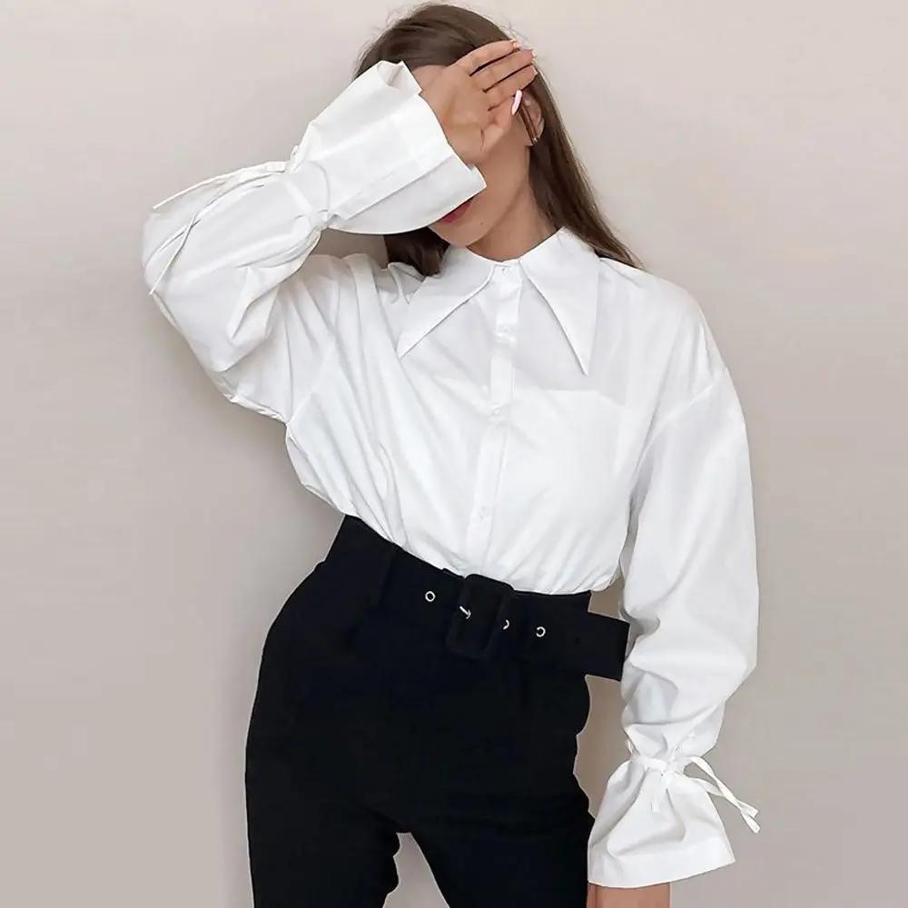 Enchanting Pointed Collar Button Down Drop Shoulder Bishop Sleeve Blouse - White  Fashionpara