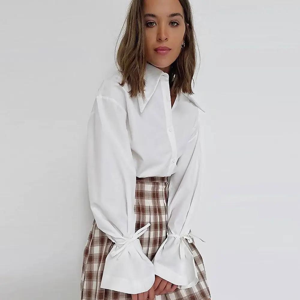 Enchanting Pointed Collar Button Down Drop Shoulder Bishop Sleeve Blouse - White  Fashionpara