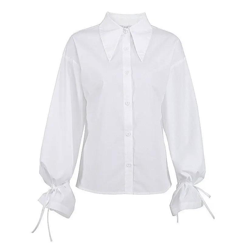 Enchanting Pointed Collar Button Down Drop Shoulder Bishop Sleeve Blouse - White  Fashionpara