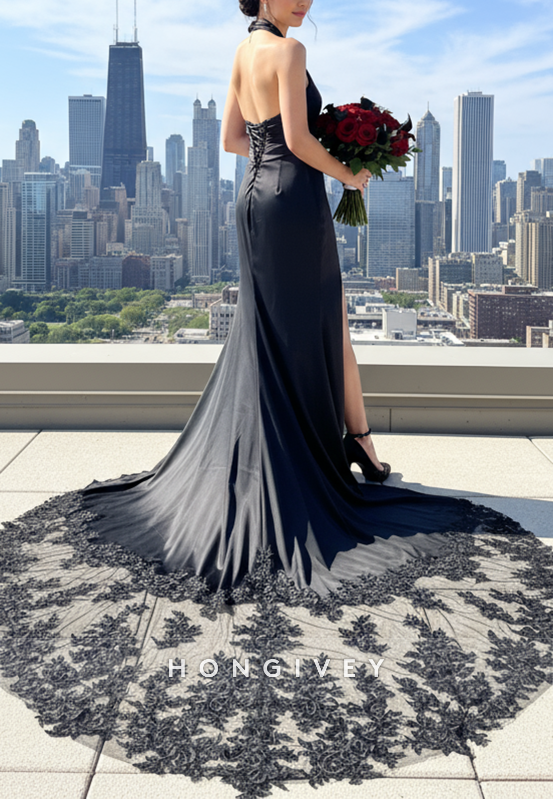 Halter Neck Lace Pleated Open Back Mermaid Black Wedding Dresses with High Slit