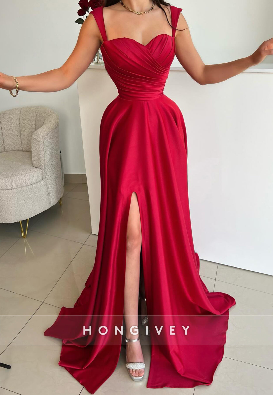 High Slit Empire Court Train Sweetheart Satin Cap Straps Pleated Formal Dresses