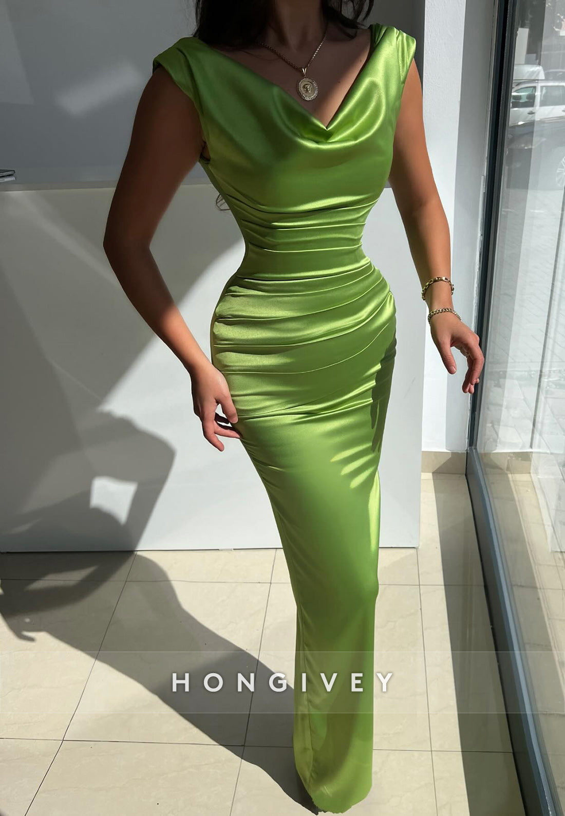 Cowl Neck Floor-Length Cap Sleeves Column Formal Dresses