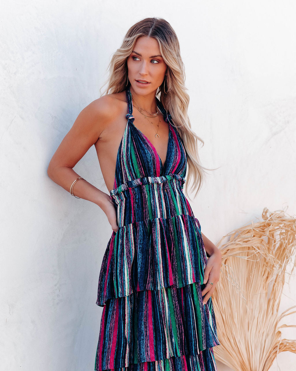 Striped Halter Neck Tiered Ruffle Maxi Dress