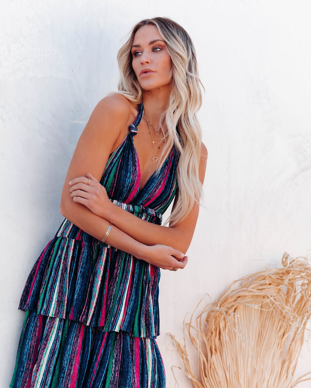 Striped Halter Neck Tiered Ruffle Maxi Dress