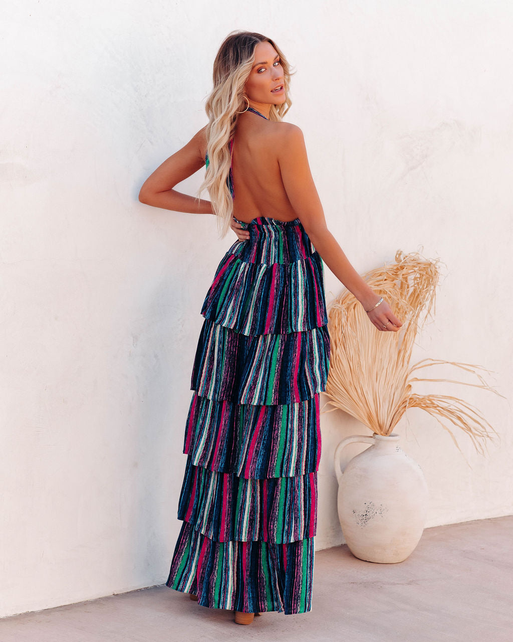 Striped Halter Neck Tiered Ruffle Maxi Dress