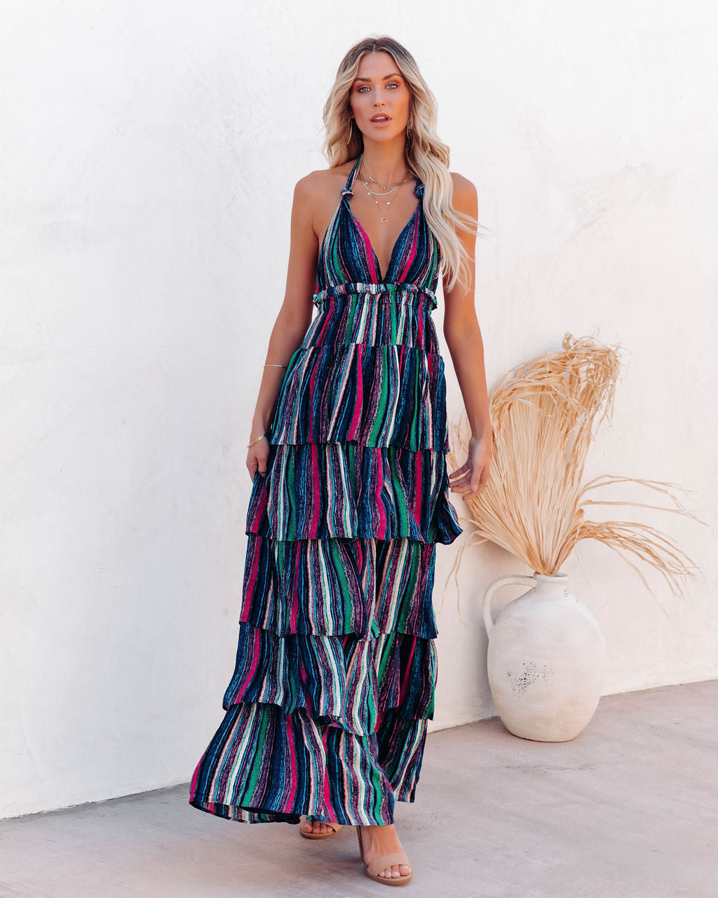 Striped Halter Neck Tiered Ruffle Maxi Dress