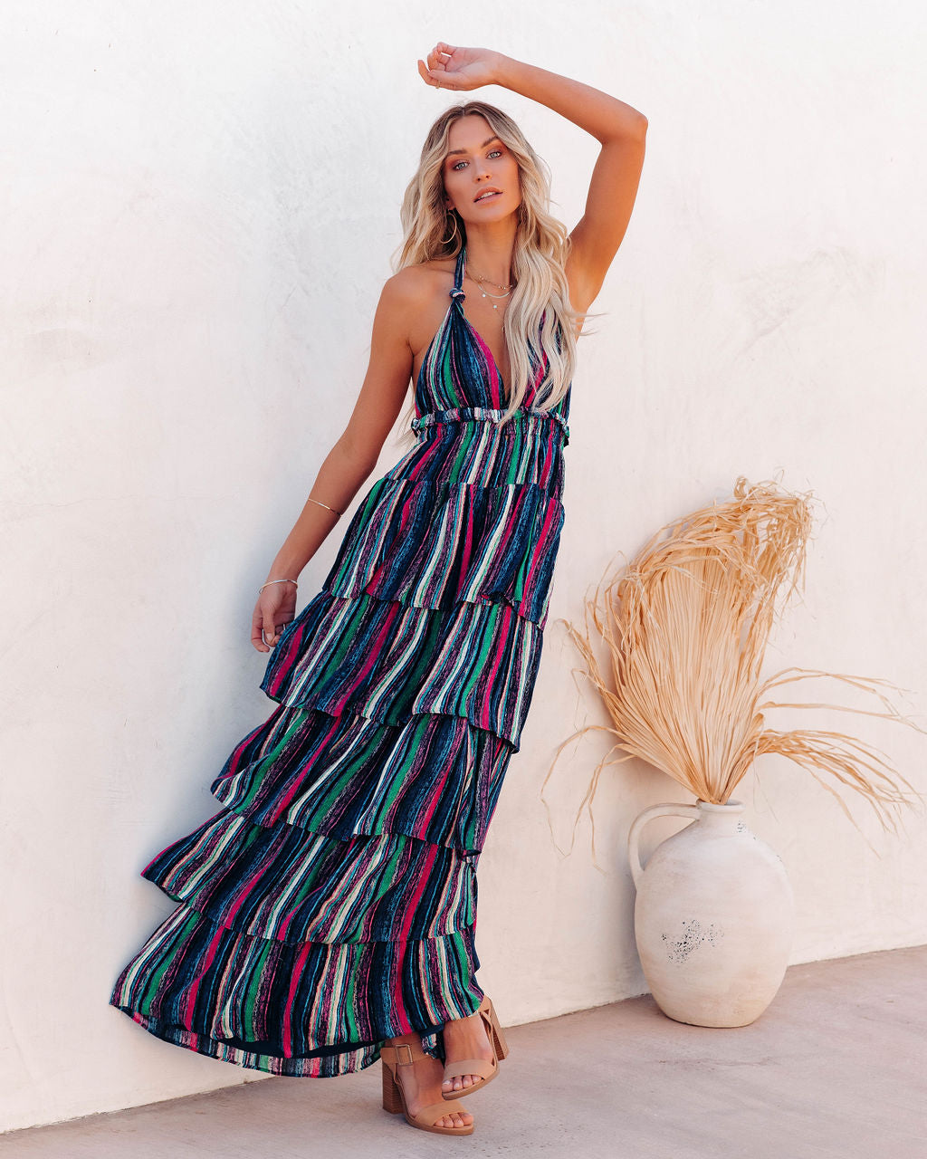 Striped Halter Neck Tiered Ruffle Maxi Dress