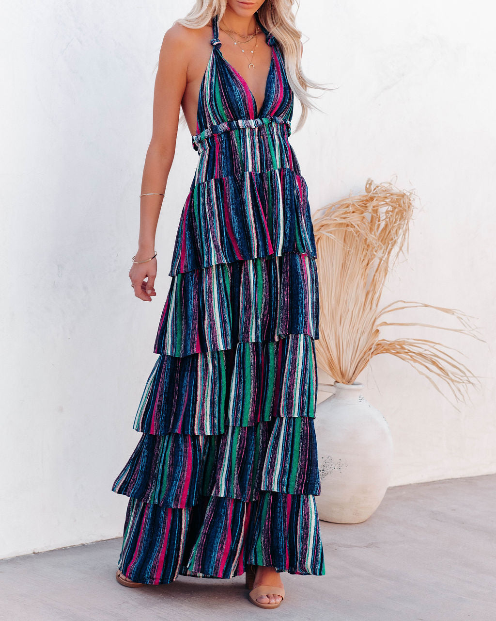 Striped Halter Neck Tiered Ruffle Maxi Dress
