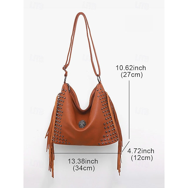 Brown Leather Boho Studded Bag Hobo Skull Fringe
