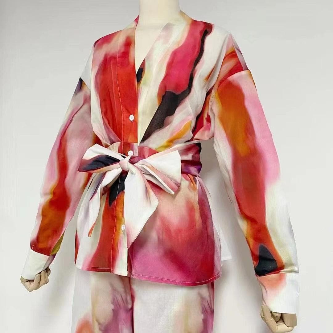 Abstract Print Tie Front Wide Leg Two Piece Set 3